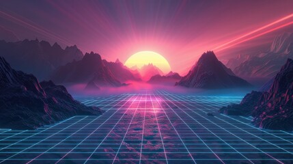 A retro-futuristic digital landscape depicting a wireframe terrain, embodying the essence of 1980s sci-fi aesthetics
