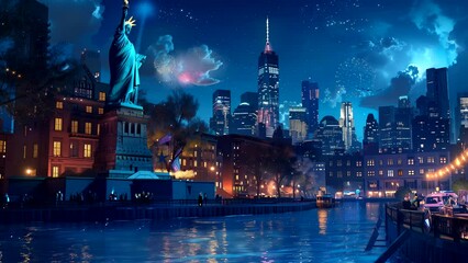 Animated background of fireworks festival in New York, concept of American Independence Day 4th of July. looping time-lapse video - Powered by Adobe