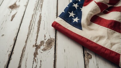 Fototapeta premium Happy memorial day concept made from vintage american flag on white wooden background Memorial or Veterans Day, 4th of July, Independence day,