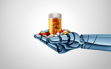AI Medicine and Artificial intelligence in healthcare or Robot pharmacist and robotics in pharmacies as the future of prescription medication for the pharmaceutical industry 