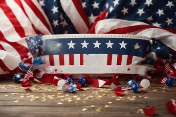 Happy Presidents Day banner mockup with American flags, confetti and ribbon. USA Independence Day, American Labor day, Memorial Day, US election concept, 4th of July, Independence day,