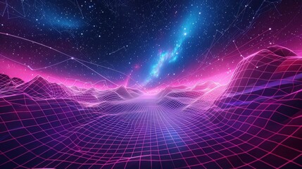 A digital synthwave-style illustration featuring an abstract wireframe net on a vibrant gradient background.


