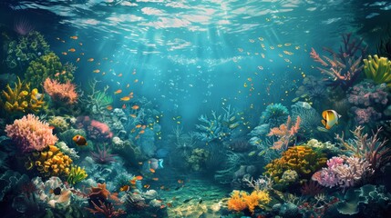 Vibrant underwater background showing a colorful coral reef teeming with marine life.

