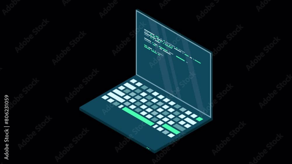 Poster Isometric laptop animation. 3d isometric laptop computer. Abstract programming language and program code on a laptop screen. Transparent background with alpha channel