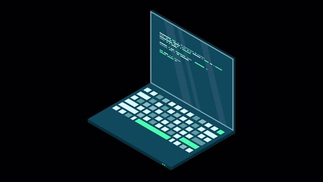 Isometric laptop animation. 3d isometric laptop computer. Abstract programming language and program code on a laptop screen. Transparent background with alpha channel