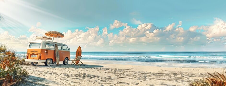 A van standing on a tropical beach in summer. Vacation, ocean, sand beach, travel and surf concept.