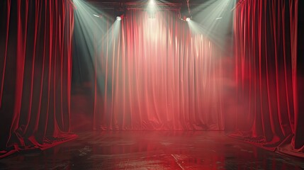 Illustrating an empty scene with a red curtain and spotlights, evoking the atmosphere of a concert, show, or performance, depicted in a vector illustration.