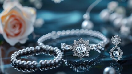 A luxurious set of white gold jewelry featuring a ring, necklace, and earrings, all adorned with brilliant diamonds.

