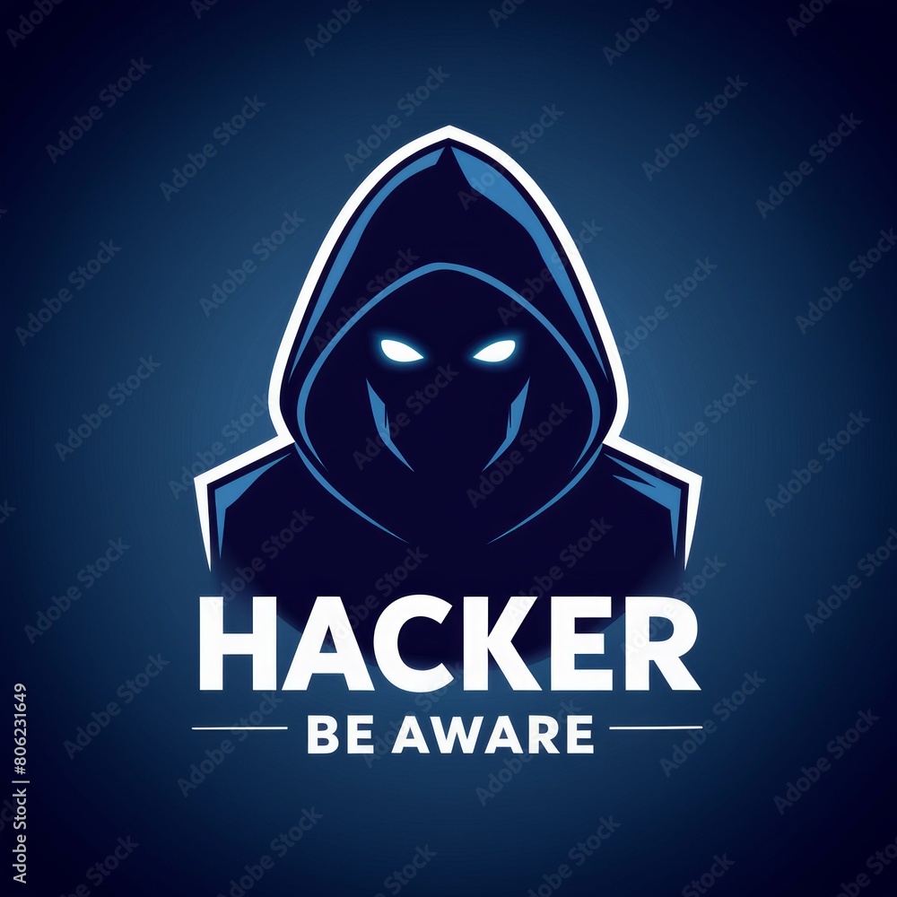 Poster mysterious hacker in hood with glowing eyes on dark background words hacker be aware.