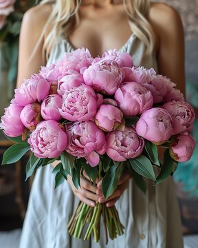 Beautiful large bouquet of wildflowers in a hand, without a persons face. Blooming peonies  flowers in women hands. Flowers as a gift. Closeup of woman's hand holding beautiful bouquet