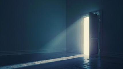 In a dark room, light streams in through an open door symbolizing new possibilities, hope, and overcoming problems.