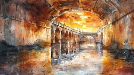 Naklejka premium Warm watercolor painting capturing a sunset's golden glow reflected in the waters of an urban canal with arching bridges.