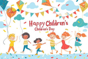 Naklejka premium Illustration Featuring Happy Children Enjoying Fun and Togetherness, Promoting Education and Friendship in a Colourful and Joyful Event. Global Celebration of Children's Day.