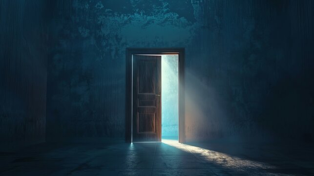 In a dark room, light streams in through an open door symbolizing new possibilities, hope, and overcoming problems.