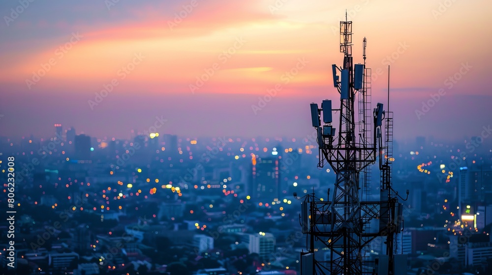 Poster integrating antenna communication technology with a city background to showcase communication towers