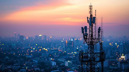 Integrating antenna communication technology with a city background to showcase communication towers connecting to smart city data, emphasizing telecommunication and digital transformation.