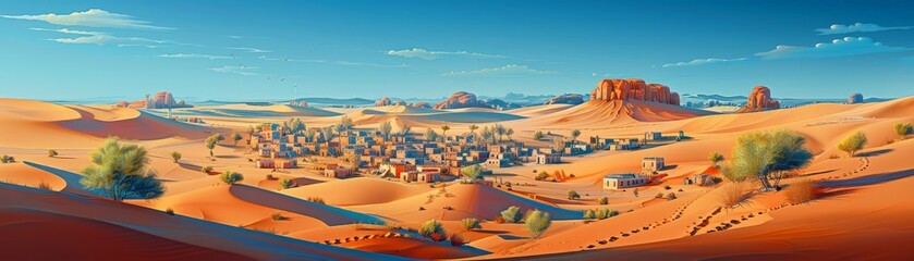Digital illustration of a vibrant oasis town nestled among sweeping sand dunes under a clear blue sky.