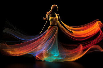 An artistic rendering of a woman in a vibrant, flowing gown against a dark background