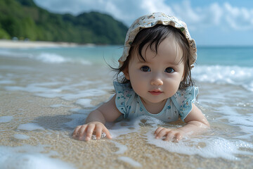 Toddler girl in a sun hat sitting by the seashore. Outdoor portrait with ocean backdrop. Summer vacation and childhood discovery concept for design and postcard