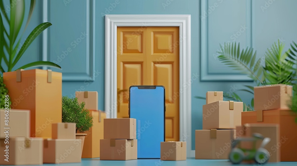 Poster parcel boxes stack up in front of a smartphone screen resembling an opening door, illustrating the d