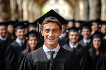 Young male graduate smiling in front of a group of graduates on graduation day