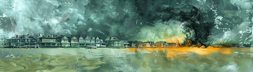 A vivid and striking digital artwork capturing a tornado swirling towards a picturesque seaside town, set against a turbulent sky.