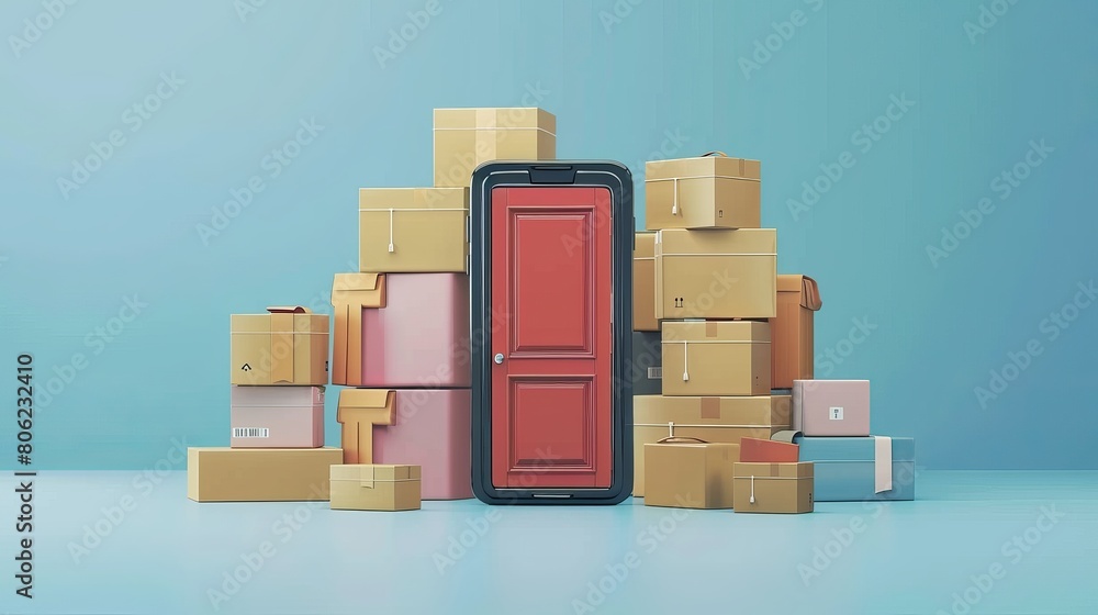 Poster parcel boxes stack up in front of a smartphone screen resembling an opening door, illustrating the d
