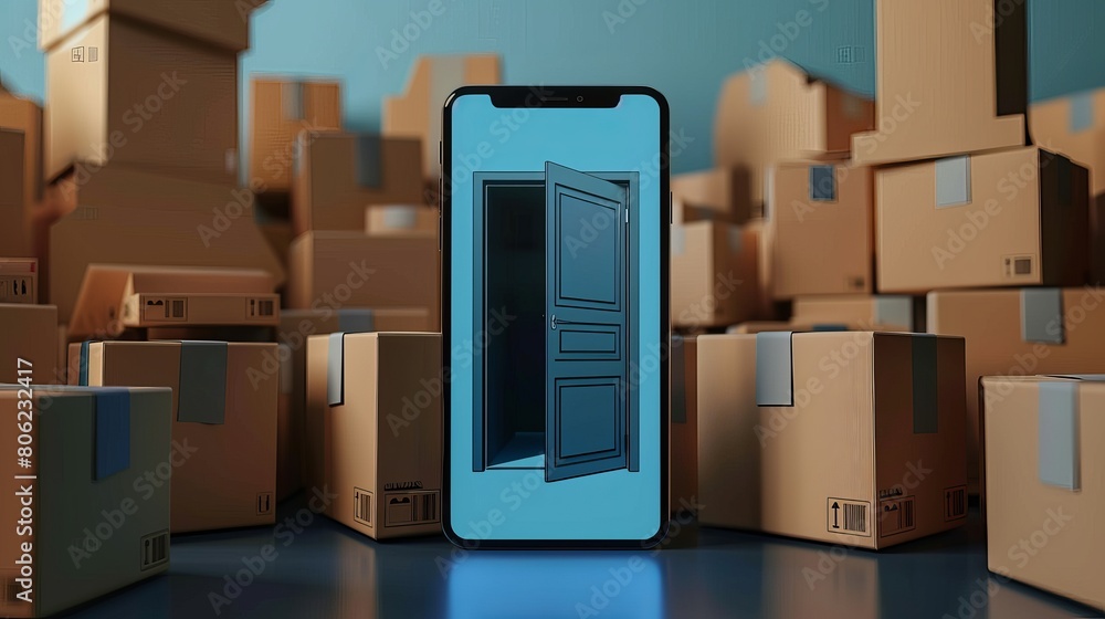 Poster parcel boxes stack up in front of a smartphone screen resembling an opening door, illustrating the d