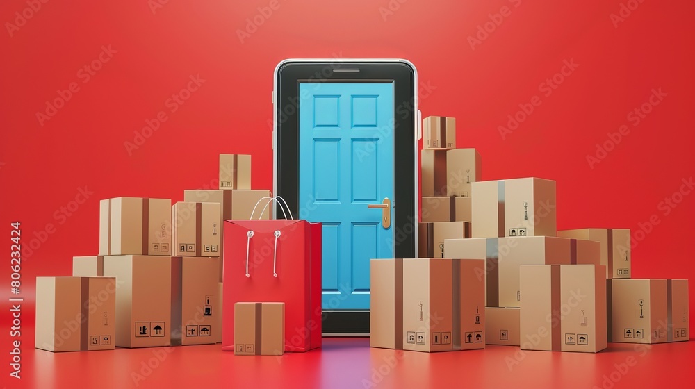 Poster parcel boxes stack up in front of a smartphone screen resembling an opening door, illustrating the d