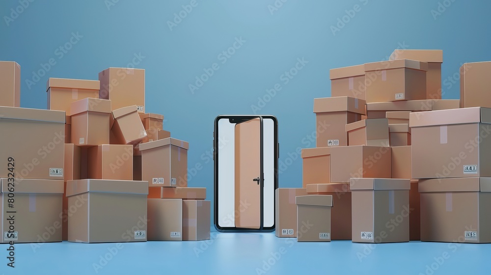 Poster parcel boxes stack up in front of a smartphone screen resembling an opening door, illustrating the d