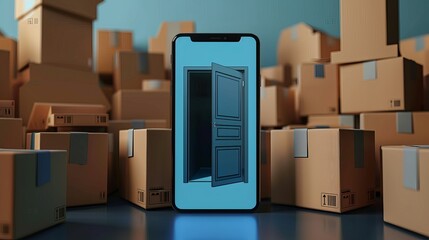Parcel boxes stack up in front of a smartphone screen resembling an opening door, illustrating the delivery of goods to customers via an online shopping platform. Presented in a vector 3D format.