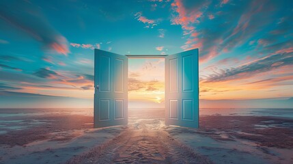 Open doors create a path amidst a desert landscape under a beautiful sky.