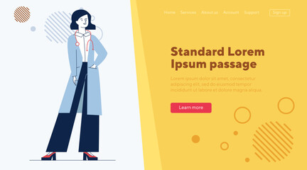 Female physician with stethoscope. Doctor in white coat flat vector illustration. Consultation, clinic, medical checkup concept for banner, website design or landing web page