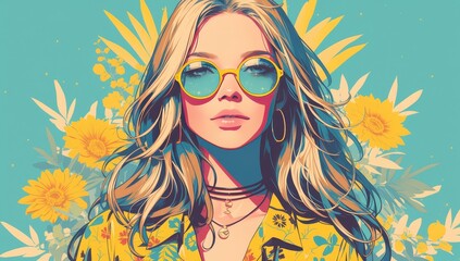 vector illustration of a beautiful woman with long hair wearing sunglasses, in the colorful pop art style of the 1970s retro poster