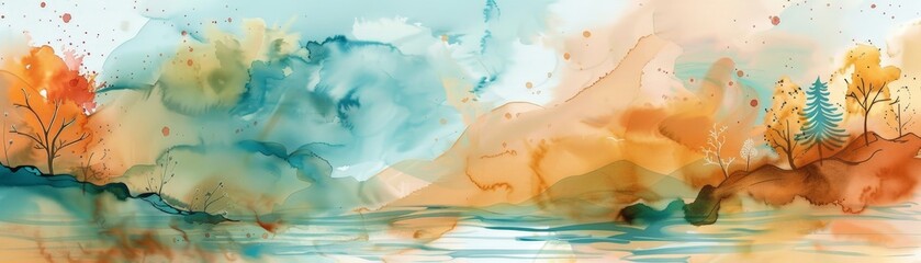 Abstract watercolor painting featuring soft rolling hills and serene water, expressed in warm and cool hues.