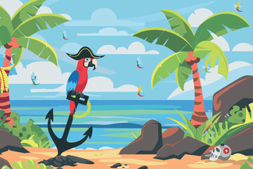 Pirate Parrot on Uninhabited Island: Cartoon Vector Illustration