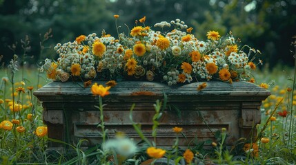 A funeral casket filled with flowers, Flowers in Graveyard