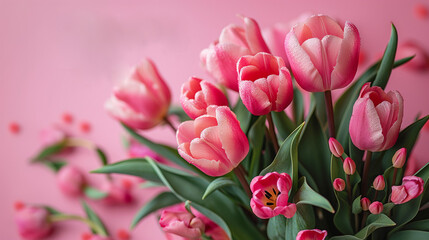Obraz premium The symbol of Happy Mother Day with pink tulip flower on pink background. Generative AI Illustrations.
