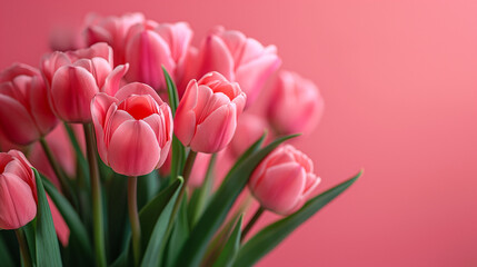 Fototapeta premium The symbol of Happy Mother Day with pink tulip flower on pink background. Generative AI Illustrations.