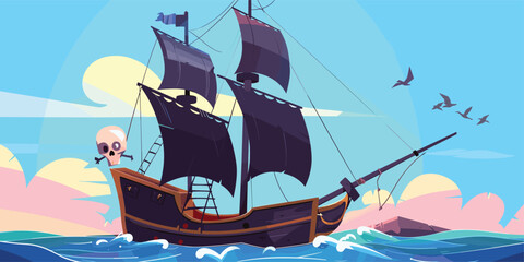 Legendary Pirate Ship: Cartoon Vector Illustration of Filibusters Battleship