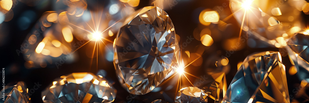 Poster a closeup of sparkling diamonds, with rays and bokeh effects creating an atmosphere of luxury and el