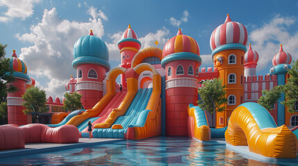 Colorful Inflatable Castle in a Sunny Park