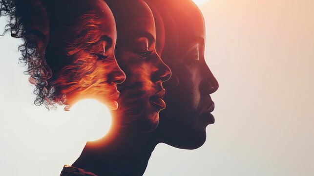 Woman face silhouette in profile with a group of African and African American women faces inside.Concept of racial equality antiracism and a woman who gives a voice to other women.Allyship