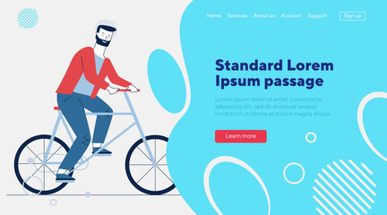 Man riding bike. Male character travel by bicycle flat vector illustration. Eco transport, outdoor activity, cycling concept for banner, website design or landing web page