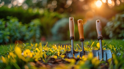 Shovels neatly arranged in the garden. garden, nature and gardening concept.