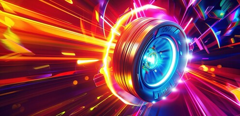 A colorful abstract background with an illuminated car wheel.