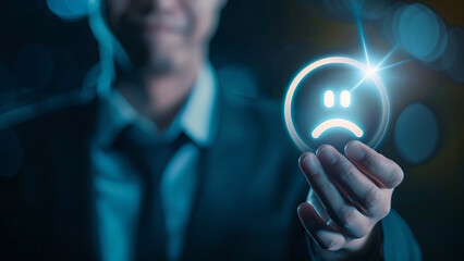 Businessman wearing a suit holding a sad icon.