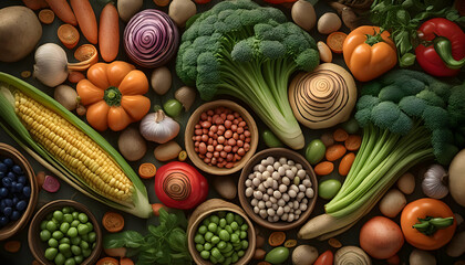 Fresh ripe summer Vegetables and legumes harvest on digital art concept, Generative AI.