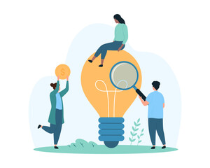 Creative science idea search and discovery, data management. Tiny people look through magnifying glass at big glowing light bulb, research information with inspiration cartoon vector illustration