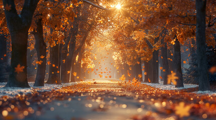 Sunlight breaks through the autumn leaves of the tree in the early days of winter. Generative AI Illustrations.